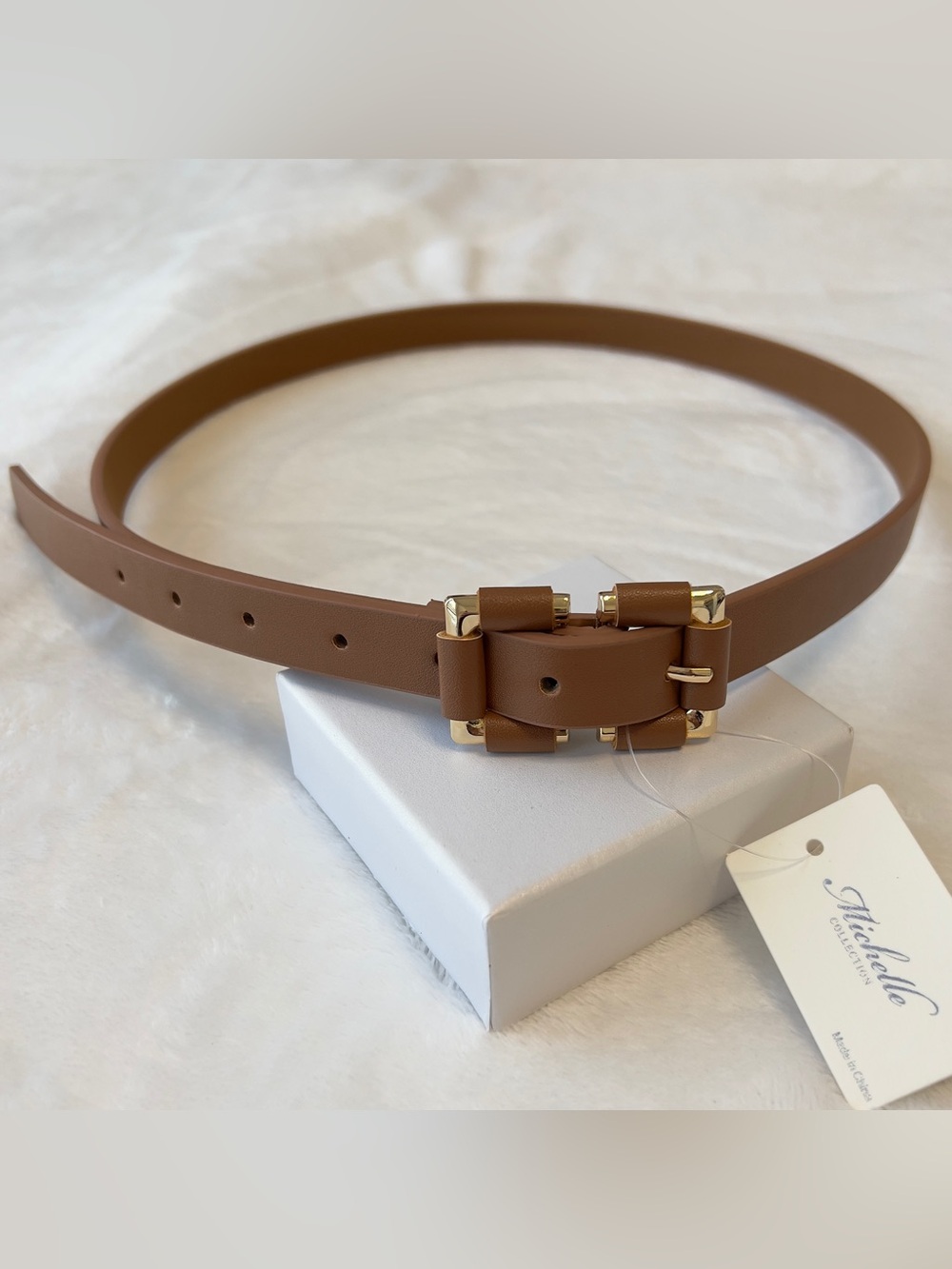 Boutique Women’s Skinny Brown Belt Gold Buckle Faux Leather 44” Long Minimalist